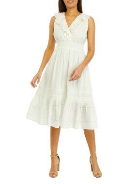 Cupio Embroidered & Eyelet Sleeveless Whisper White Midi Dress XL